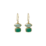Gold hook earrings with two green stones.